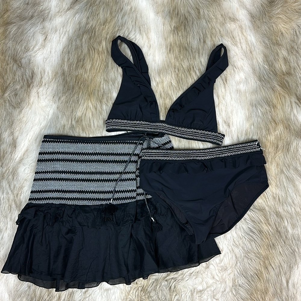 3-Piece Black Ruffle Bikini Set by Kisuii with Matching Skirt